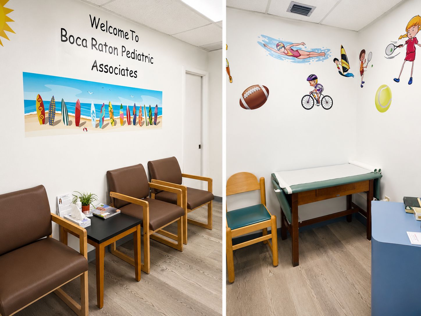 Inside our office — the waiting room and an exam room